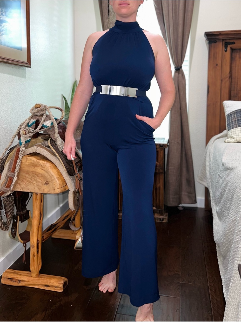 New York & Company Navy Halter Jumpsuit with Metallic Waist Accent